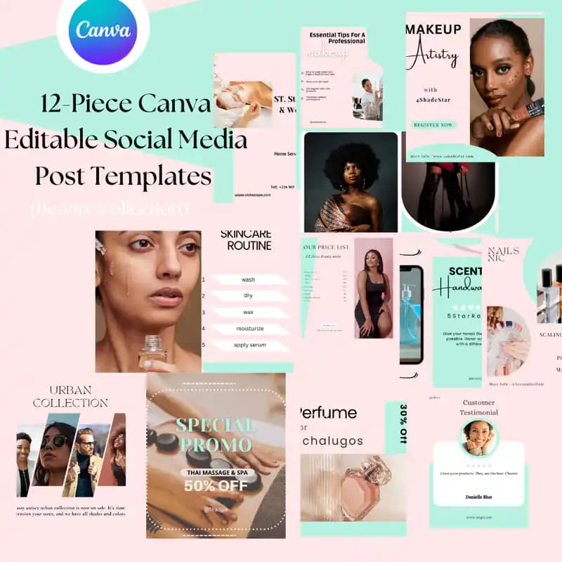12-Piece Canva Editable Social Media Post Templates (Beauty Collection)