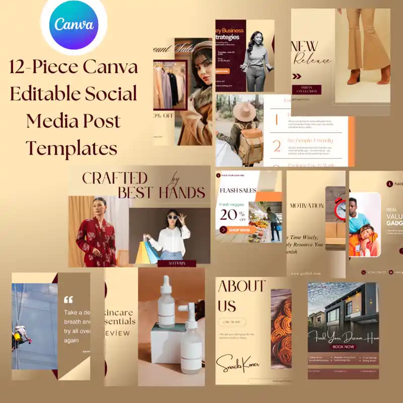 12-Piece Canva Editable Social Media Post Templates